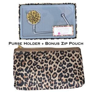 Tri-Coastal Purse Holder Table Hang Leopard Print NEW + Faux Leopard Makeup Bag